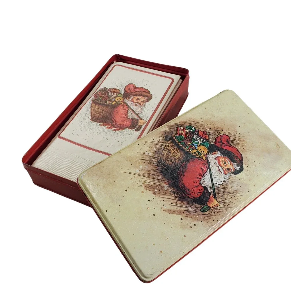 Vintage 1986 Santa Napkins and Tin Set 11 Christmas Potpourri Press